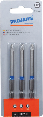 Бита цветная 1/4", 75 мм, PZ1, 3 шт.
